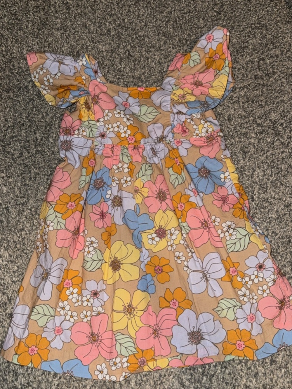 H&M Floral Flutter-Sleeve Dress - Pink, Yellow & Blue on Tan
